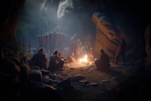 In der Urzeit gab es keine Tische, die Menschen saßen auf dem Boden am Feuer beim Essen.