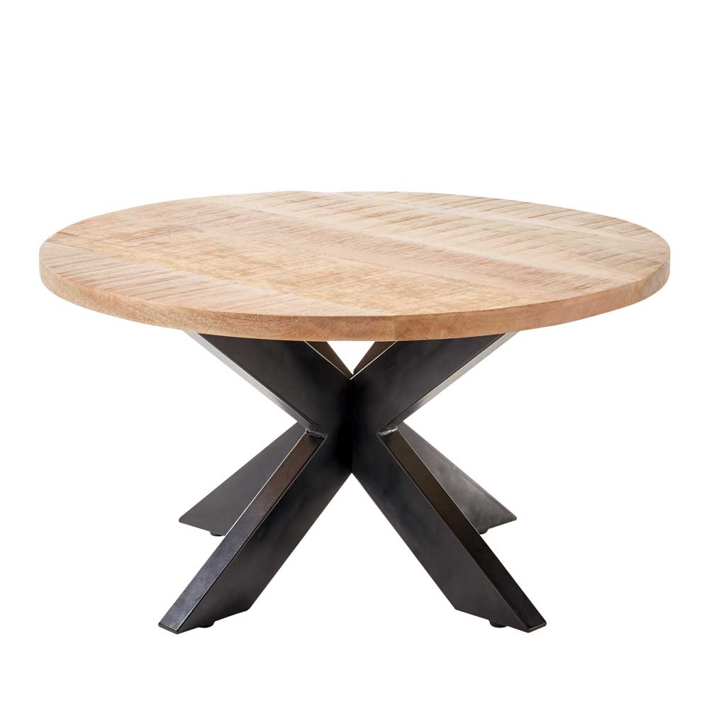 Runder Wohnzimmertisch mit heller Holzplatte und stabilem Doppel-X-Metallfuß – Prattlo