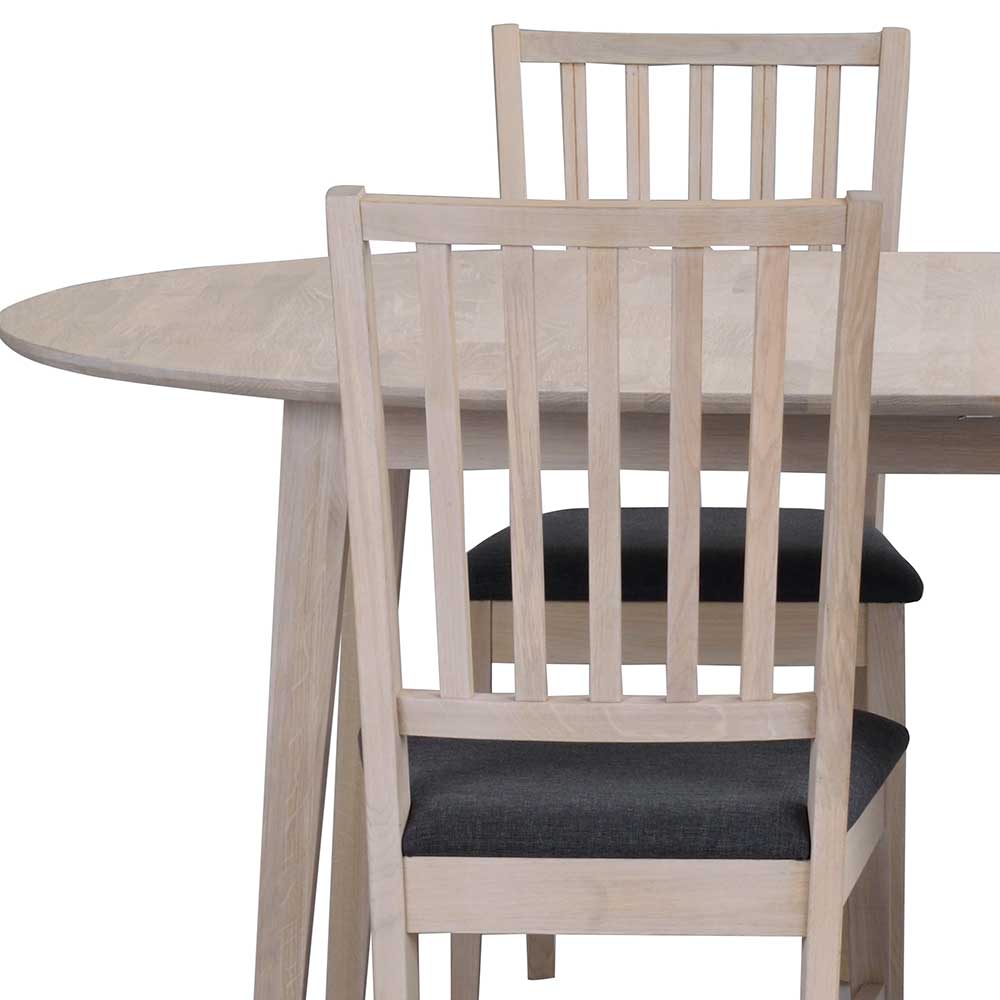 Ovaler Esstisch Eiche White Wash & 4 Stühle Pessoa mit Webstoff Grau (fünfteilig)