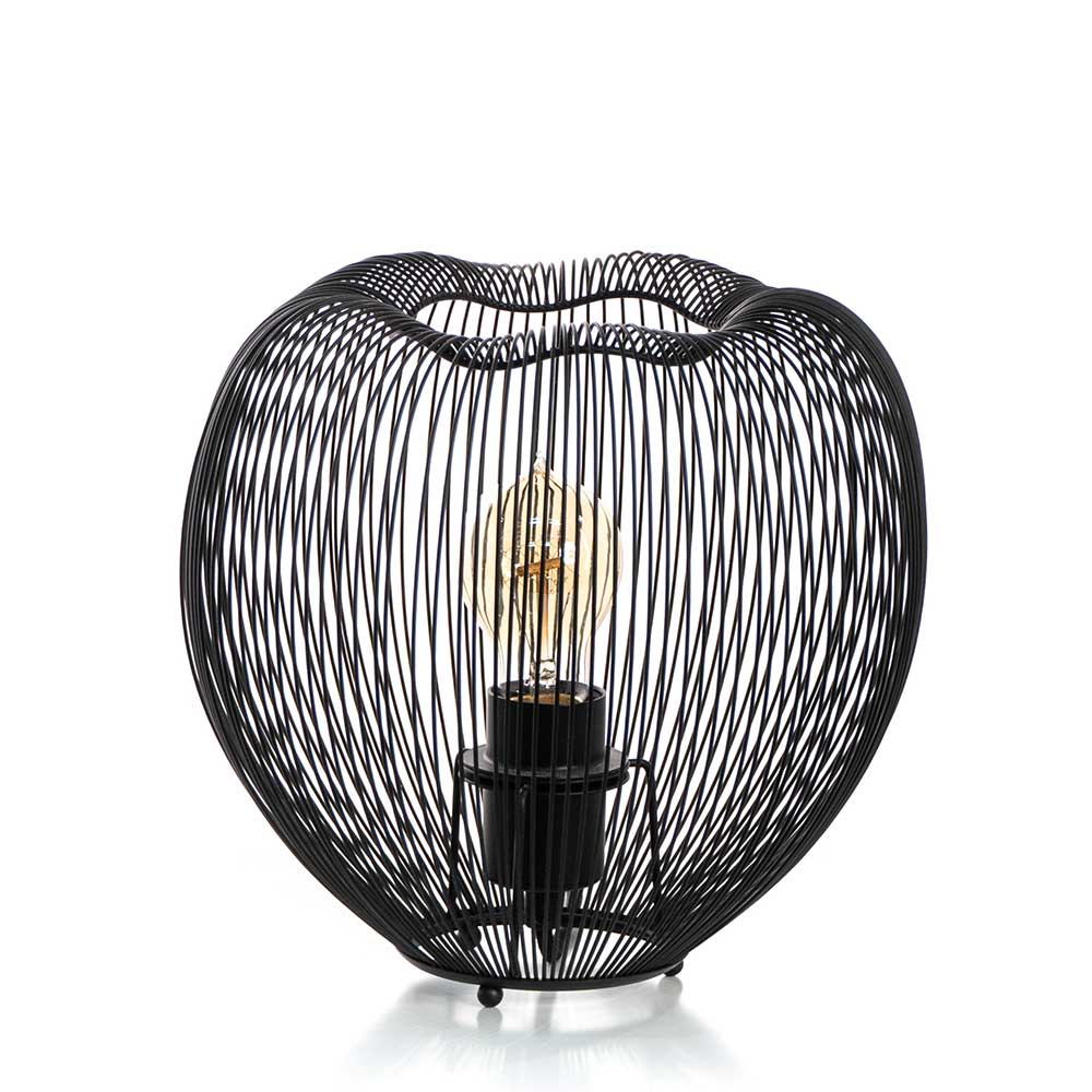 Schwarze Nachttischlampe mit modernem Gitterdesign und sichtbarer Edison Glühbirne – Alicia