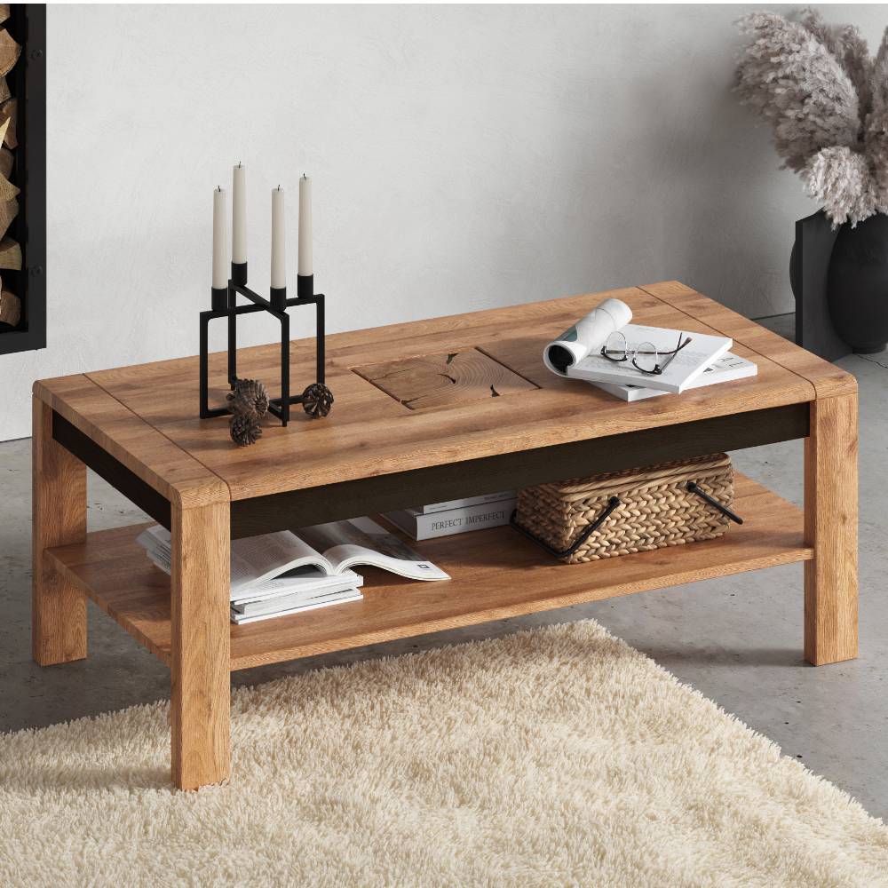 Wildeiche Couchtisch mit Hirnholz Applikation - Shipper