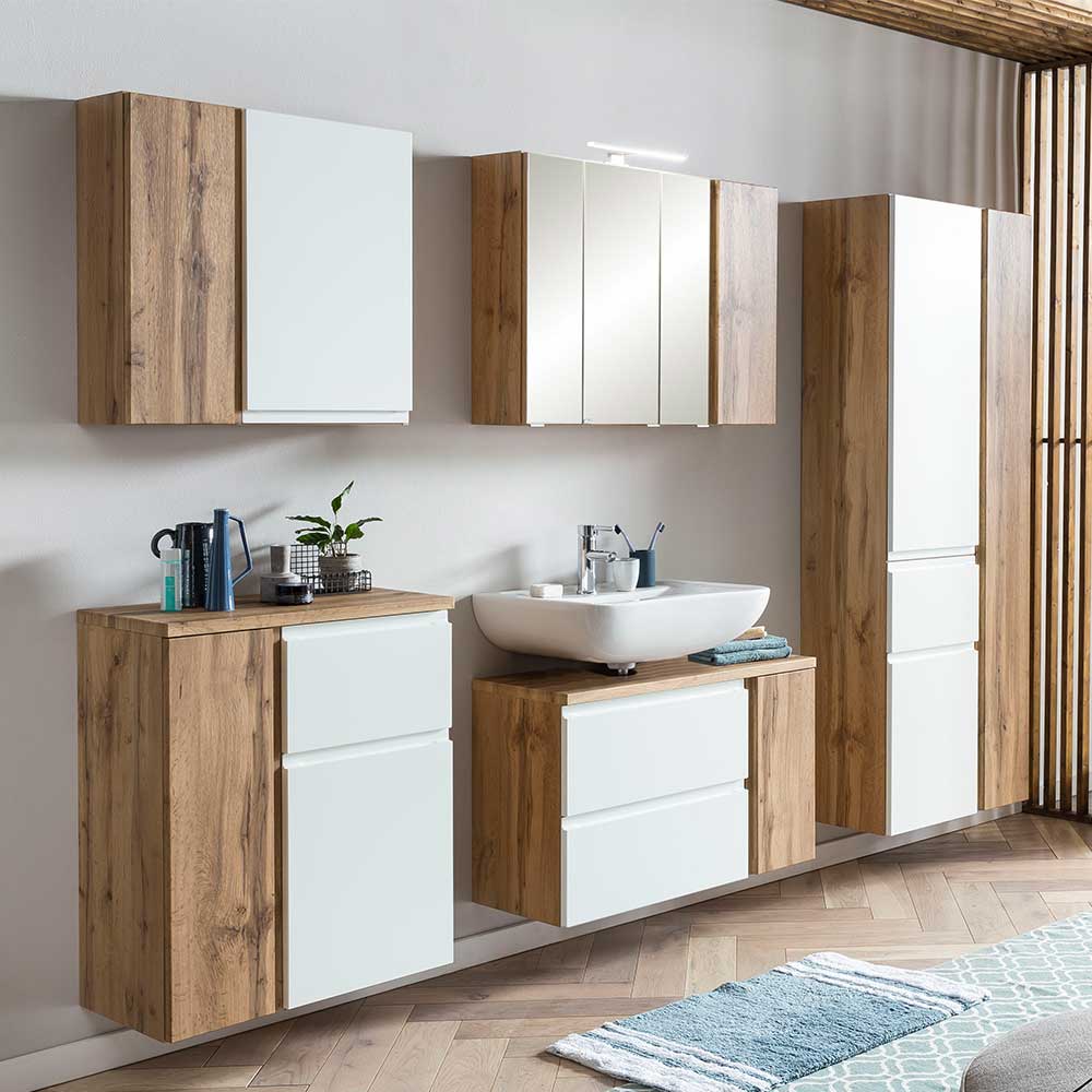 Waschtischunterschrank in heller Holzoptik mit weißen Schubladen, perfekt für moderne Bäder – Eight