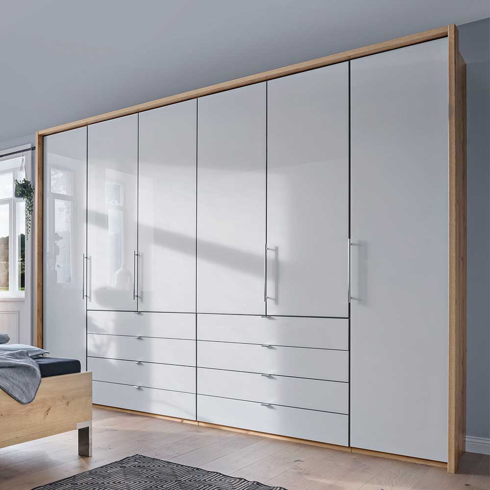 Kombi Kleiderschrank in Weiß Glas & Eiche Bianco - Nuetran