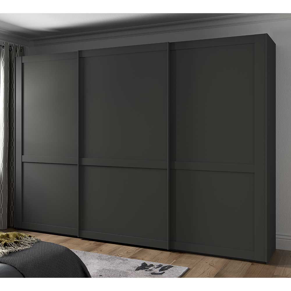 Dunkelgrauer 3-türiger Schwebetürenschrank für das Schlafzimmer mit Holzrahmenoptik – Mataram