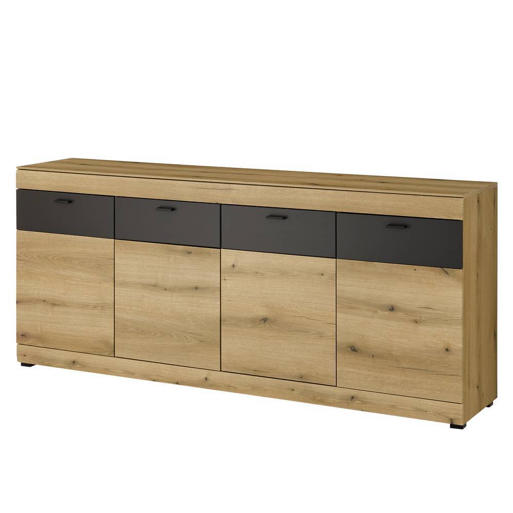 Modernes 200cm breites Sideboard in Eiche Holzoptik mit dunklen Schubladen und Türen für das Wohnzimmer – Addara