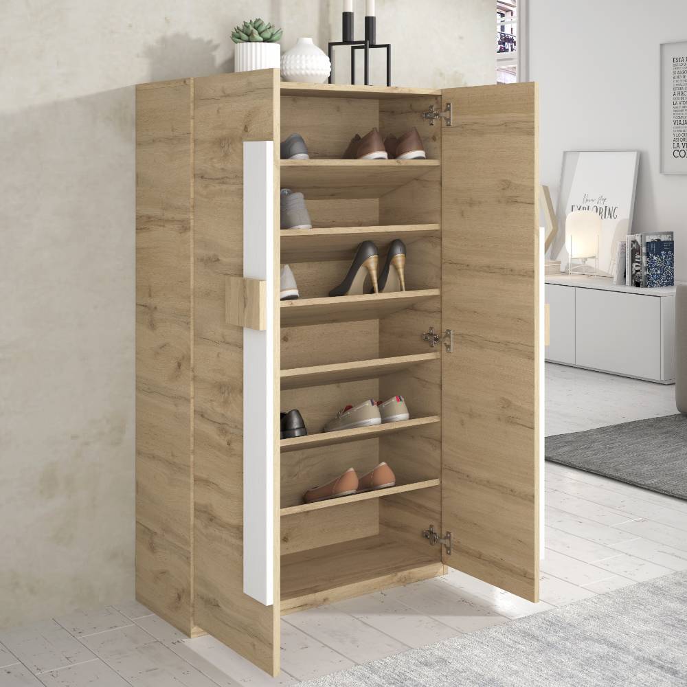 Offener Schuhschrank aus Holz mit sechs schrägen Ablagefächern für Schuhe – Lornas