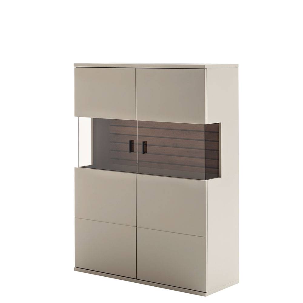 Highboard in Grau mit blickdichten Türen und mittleren Glastüren mit Holzdetails für Wohnzimmer – Teorina