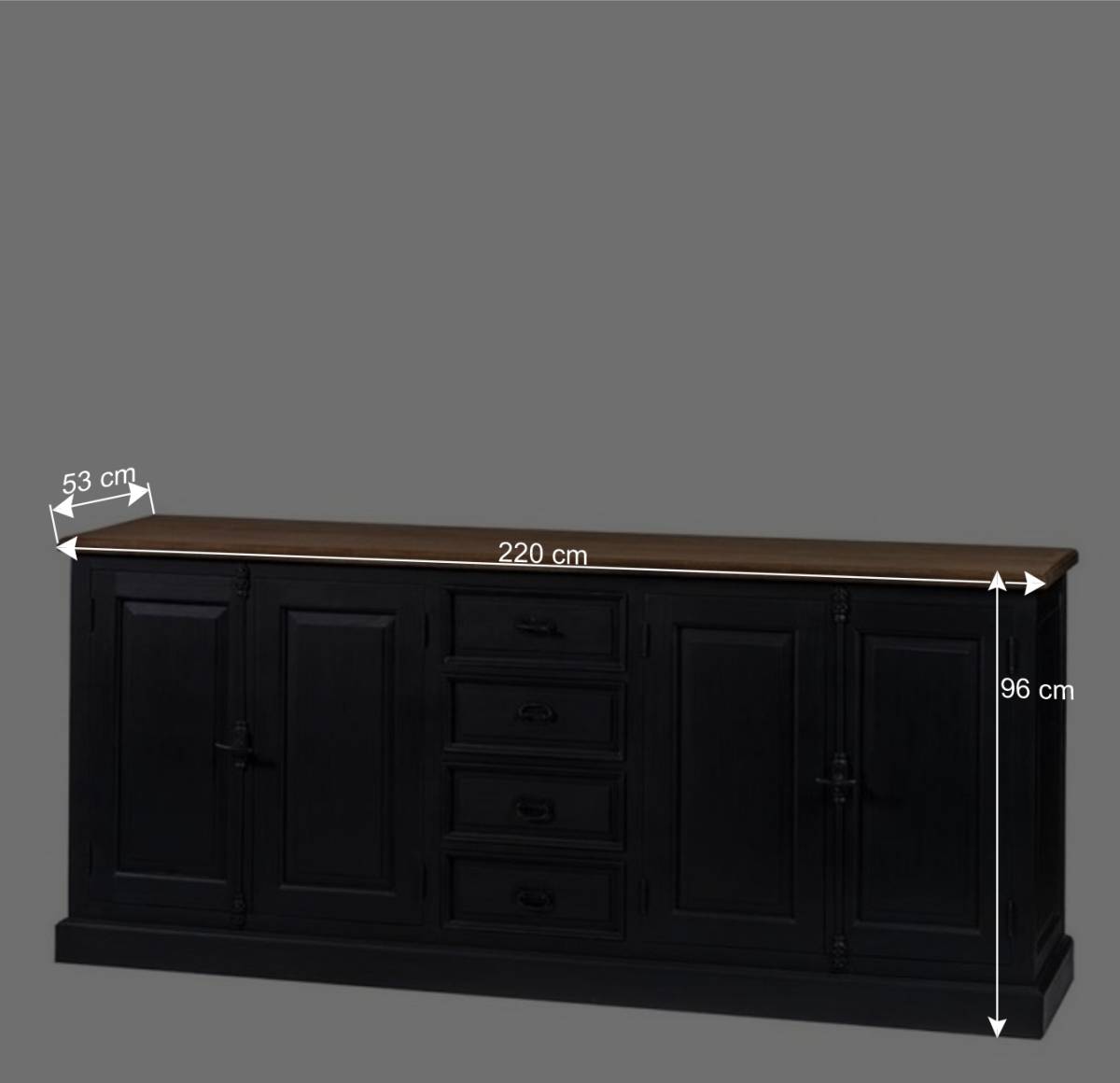 220x96x53 Vintage Design Anrichte in Schwarz - Niovan