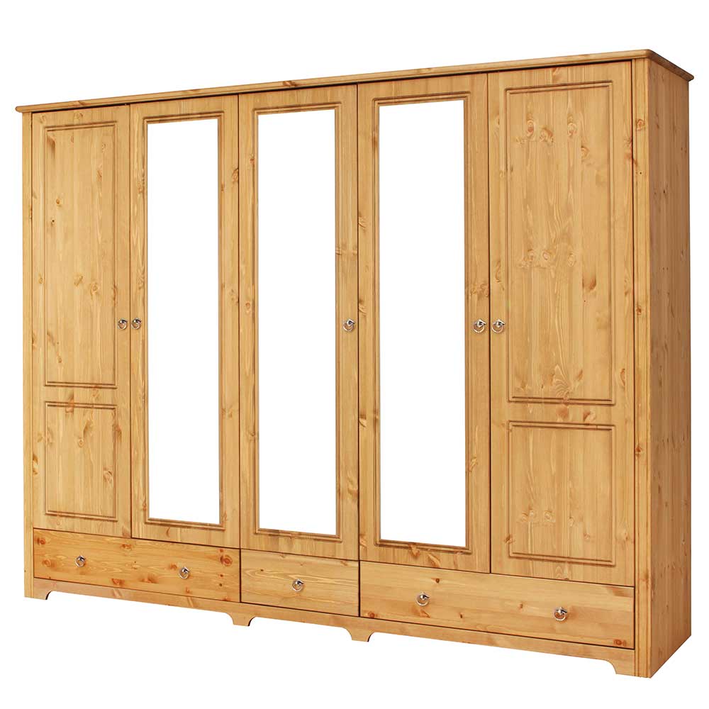 Großer Schlafzimmerschrank aus massivem Kiefernholz mit Spiegeltüren und Schubladen – Imressa
