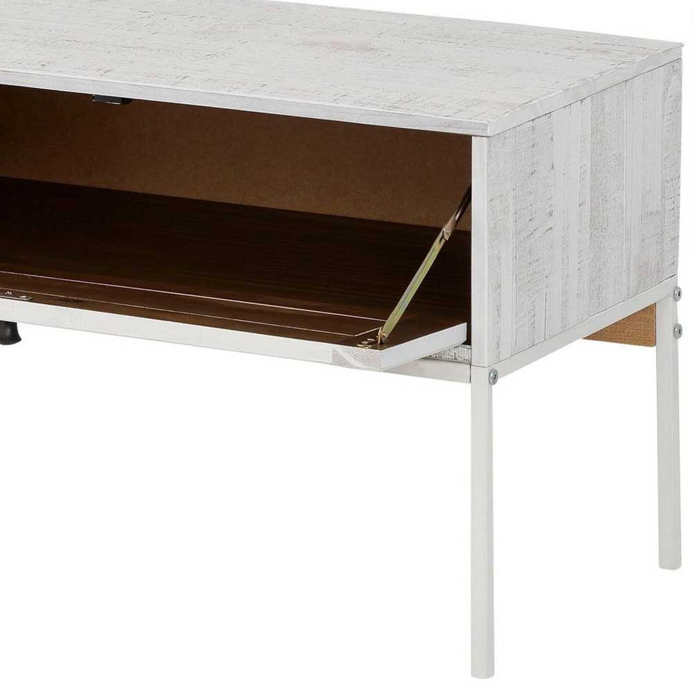 Schrägansicht des TV-Lowboards in Creme-Weiß mit geöffnetem Fach und Metallbeinen – Ejeliva
