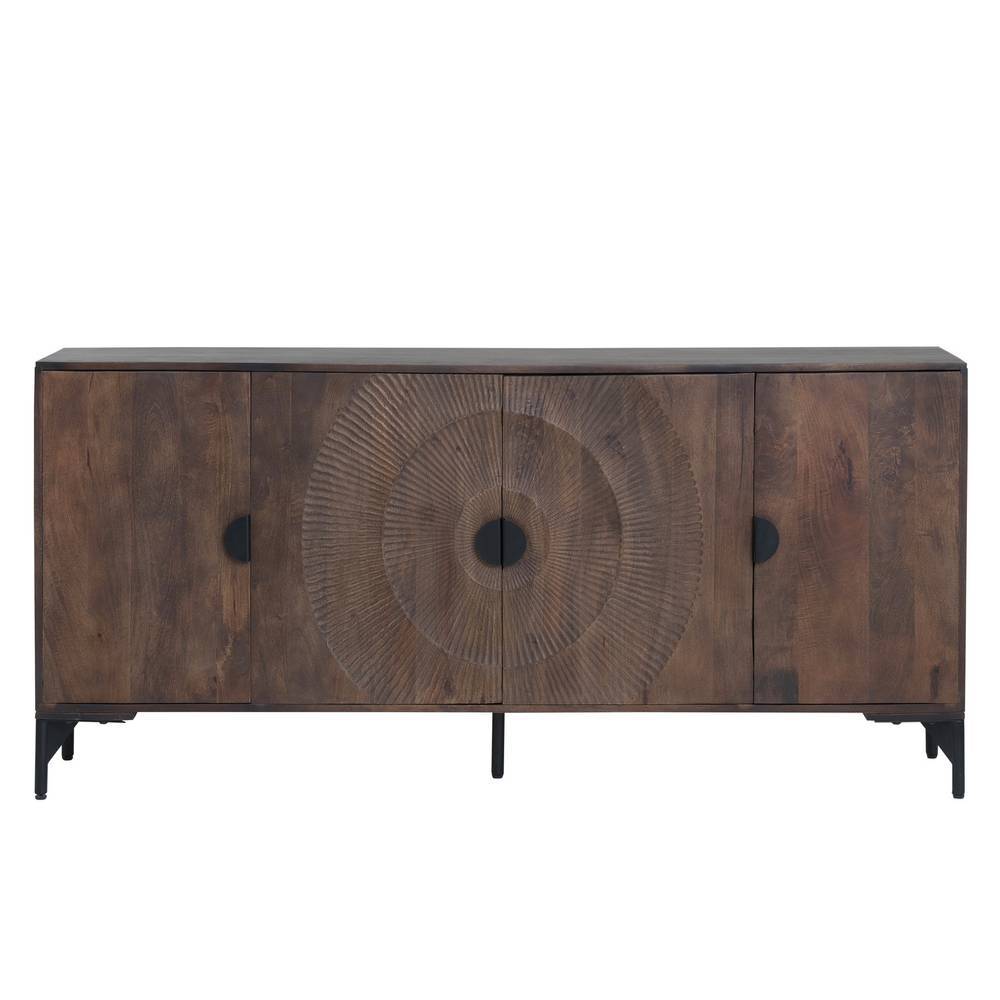 Walnussbraunes Mangoholz-Sideboard mit geschnitztem Sonnenmuster auf den Mitteltüren und schwarzen Metallbeinen – Epos