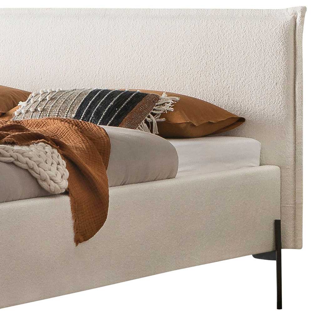 Boucle Stoffbett in Creme Weiß mit gepolstertem Kopfteil und schwarzem Metallfuß – Fontana