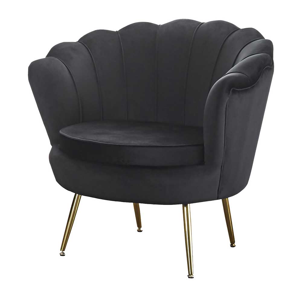 Komfortabler Muschel Sessel für Wohnzimmer in Schwarz Samt und Gold Optik – Edrova