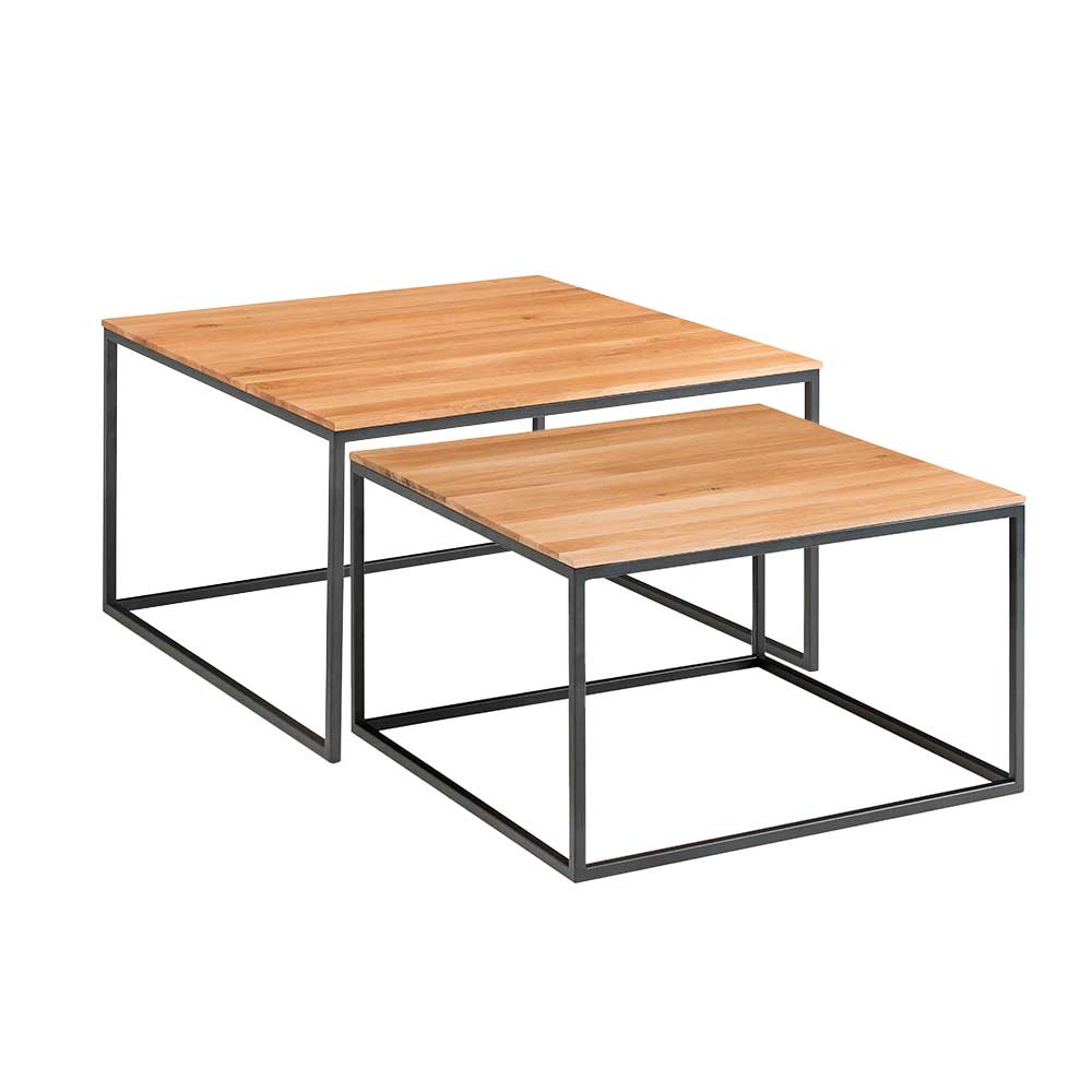 Zweisatz Sofatische im Loftstil mit Eichenholzplatten und schwarzen Metallgestellen als 2er Set – Scolava