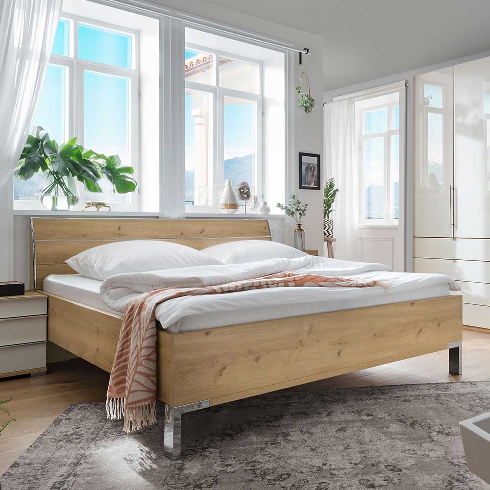 Doppelbett in Eiche Bianco & Chrom - Soestica