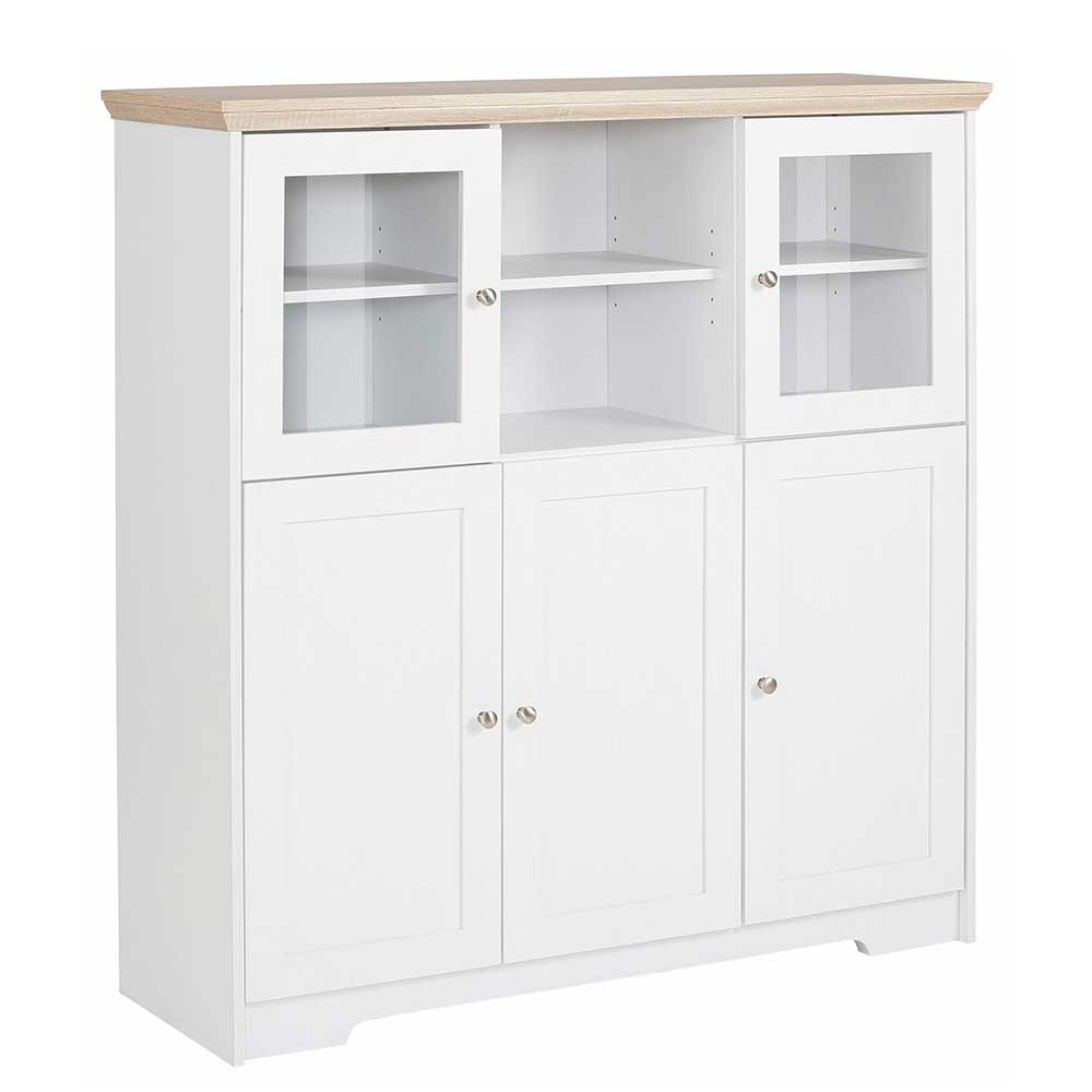 Günstiges Landhaus Highboard in Weiß mit Vitrinentüren und heller Holzplatte für Wohnzimmer – Akedra