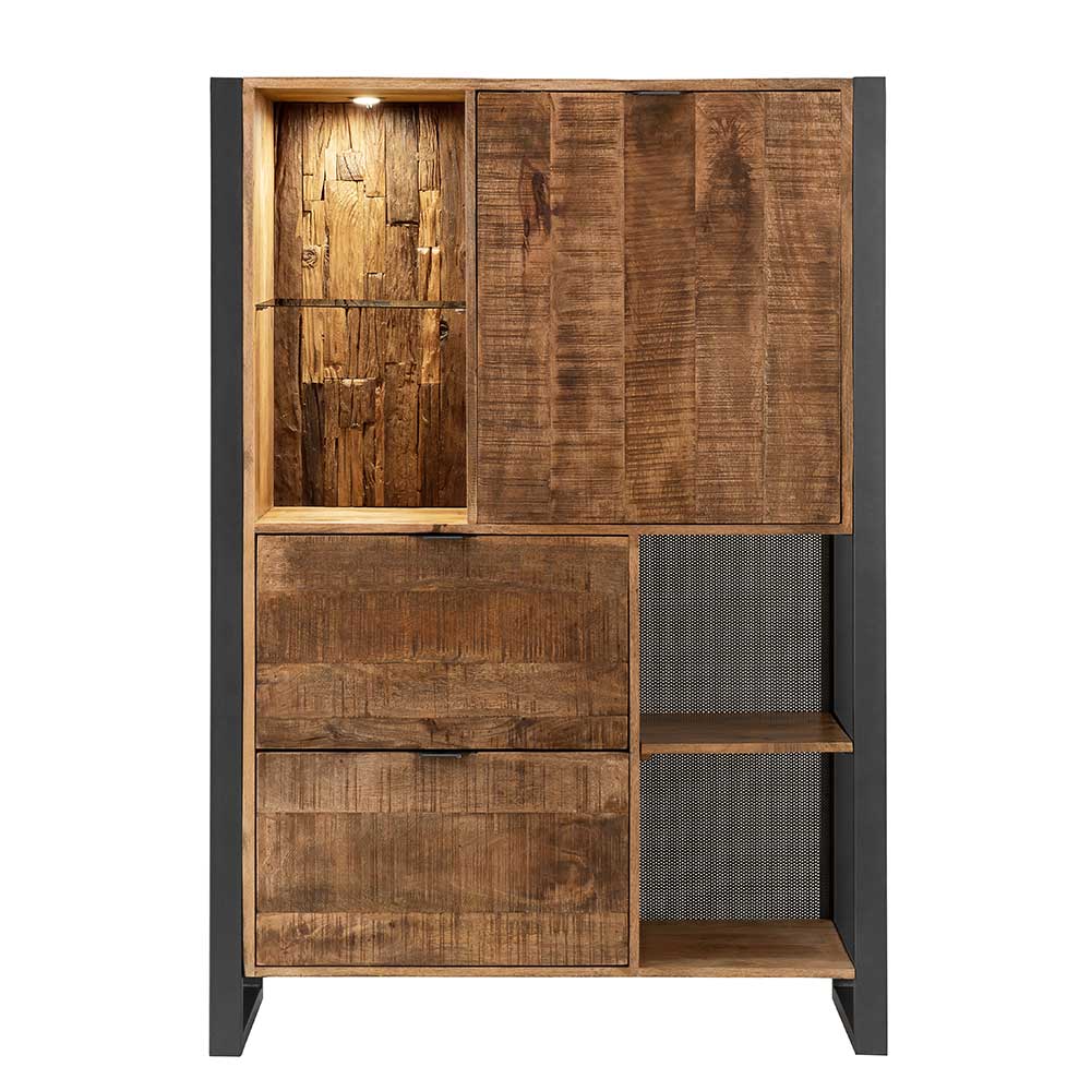 Geschlossenes Industrial Highboard aus Mango Massivholz mit schwarzem Metallrahmen und Schiebetür – Acira