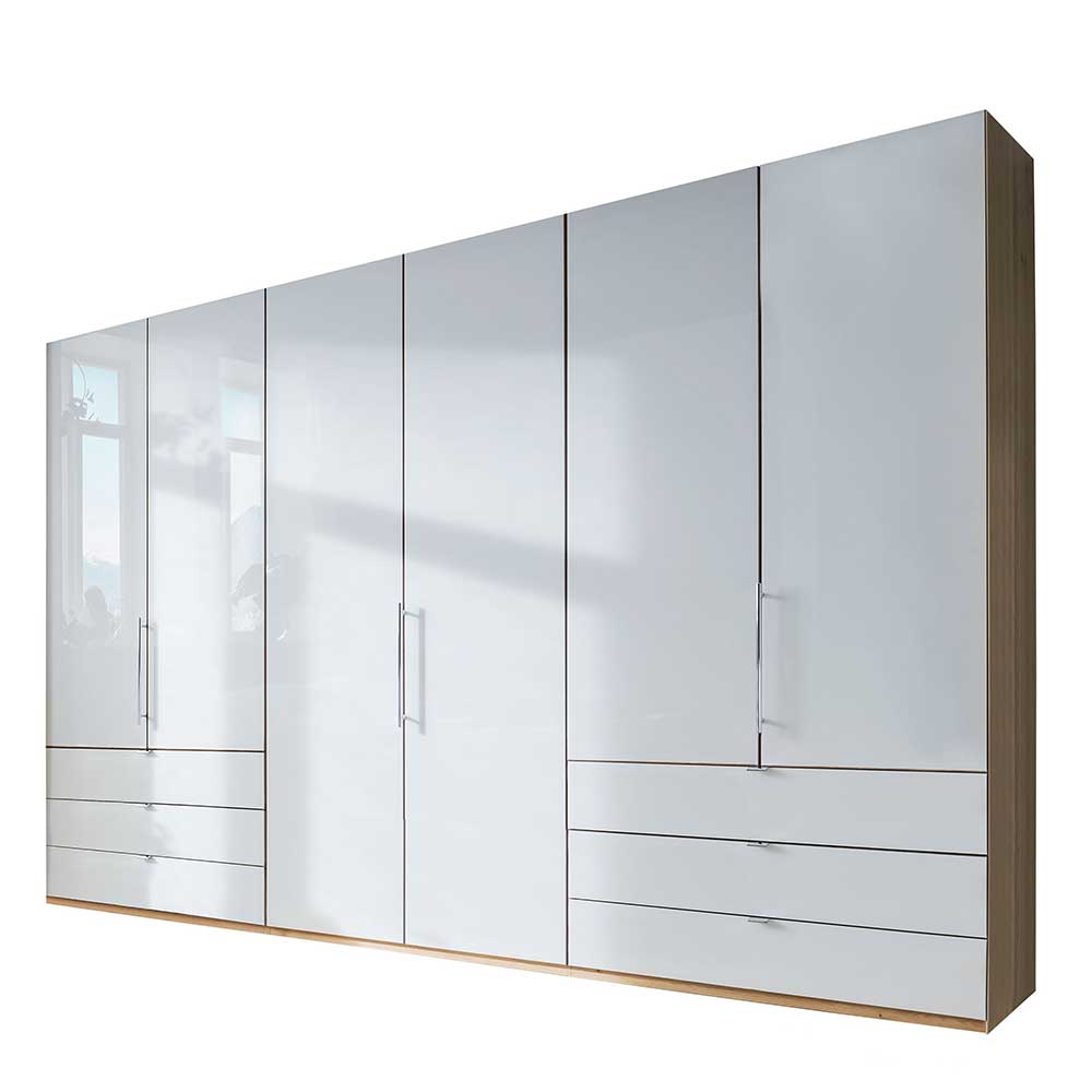 Großer Kleiderschrank mit Hochglanzfronten in Weiß Glas, vielen Türen und Schubladen, Eiche Bianco Dekor – Nuetran