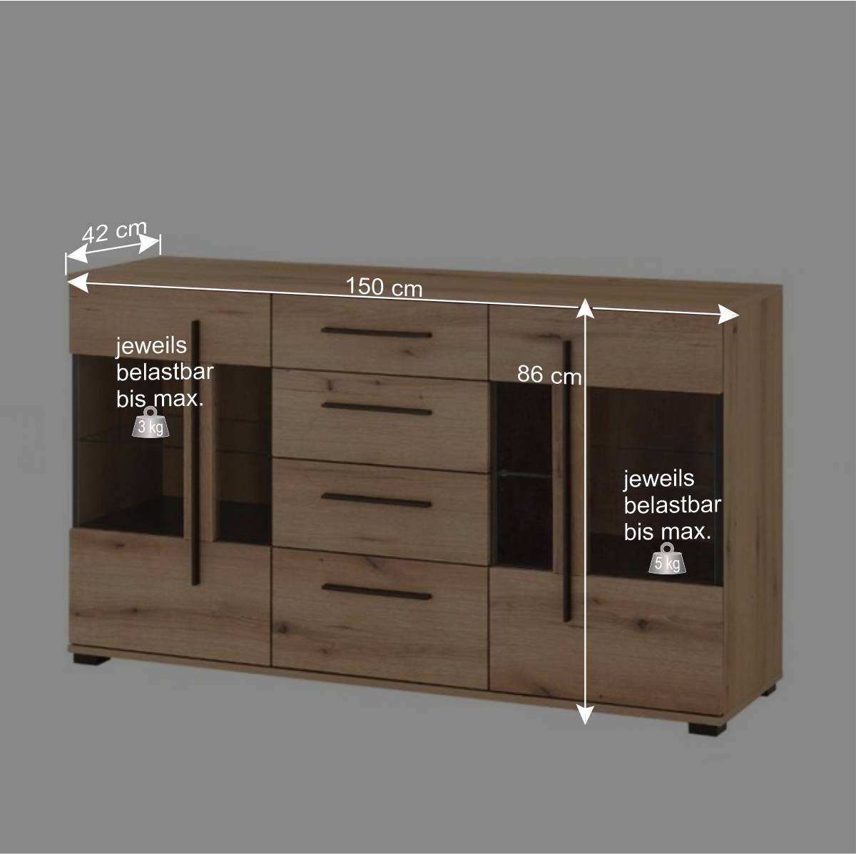Sideboard Vitrine in Eiche Dekor - Brocus