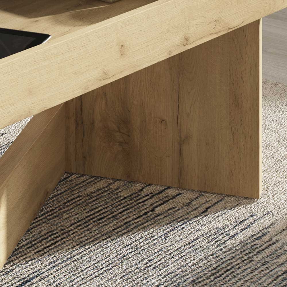 Robuste V-förmige Standfüße des Couchtisches in heller Holzoptik für stabilen Halt – Lennilia