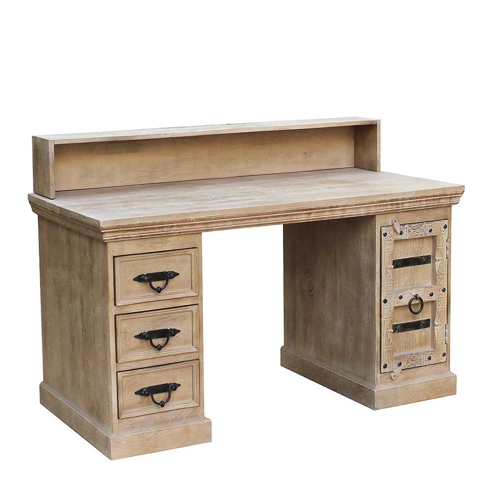 Shabby Chic Design Schreibtisch aus hellem Holz mit Schubladen, Zierschrank und Ablagefläche für das Arbeitszimmer – Abid