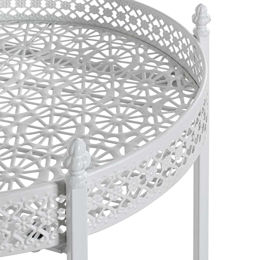 Obere Ablage des weißen runden Servierwagens aus Metall mit filigranem Dekor – Cedreona