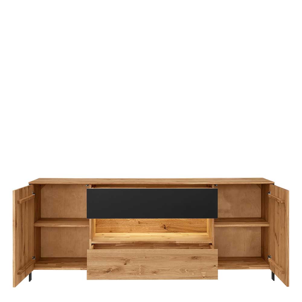 Offenes Massivholz Sideboard mit LED-Beleuchtung, Regalböden und Schublade in Eichenholzoptik – Viligrana