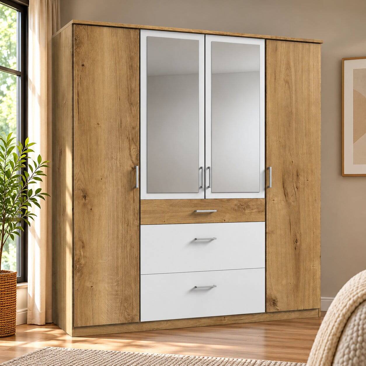 Kombi Kleiderschrank in Plankeneiche mit Weiß - Curacao
