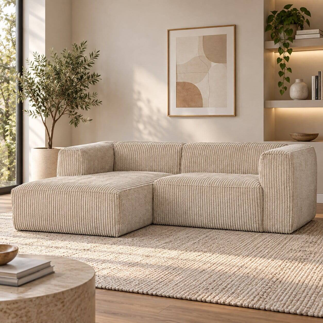 Ecksofa in Beige Ribcord - Fanandro