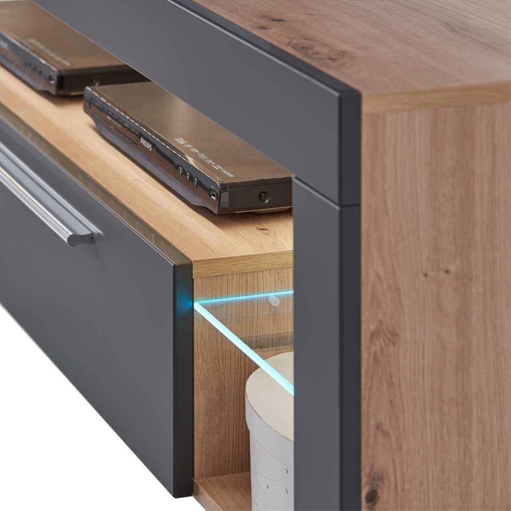 Beleuchtete TV Kommode mit Klappe & Glas-Böden - Lorena