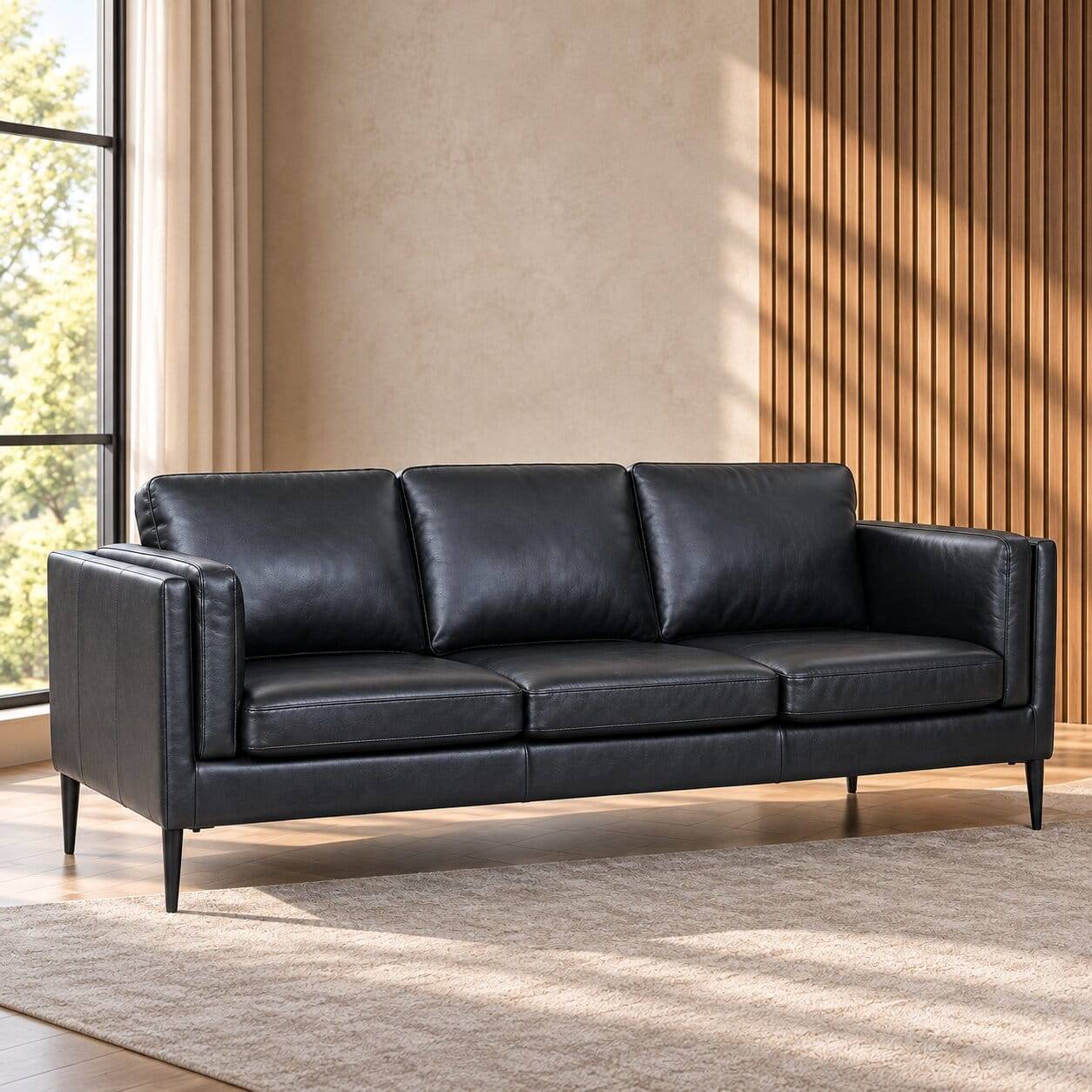 Schwarze 3-Sitzer Design Ledercouch für das Wohnzimmer in moderner Optik – Griffina