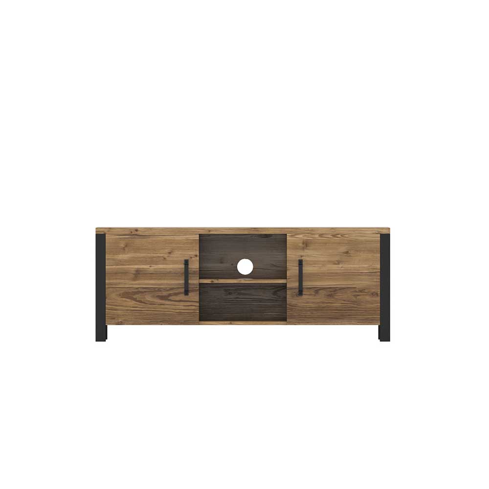 TV Lowboard in Fichte Holzoptik mit schwarzen Griffen und offenen Fächern – Simeona