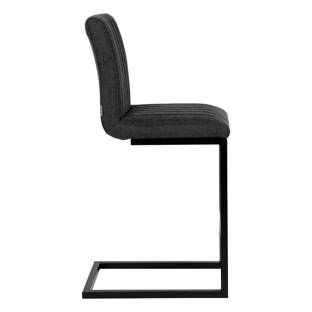 Barhocker mit Lehne aus anthrazitfarbenem Strukturstoff und schwarzem Metallgestell, Seitenansicht 2er Set – Talyteo