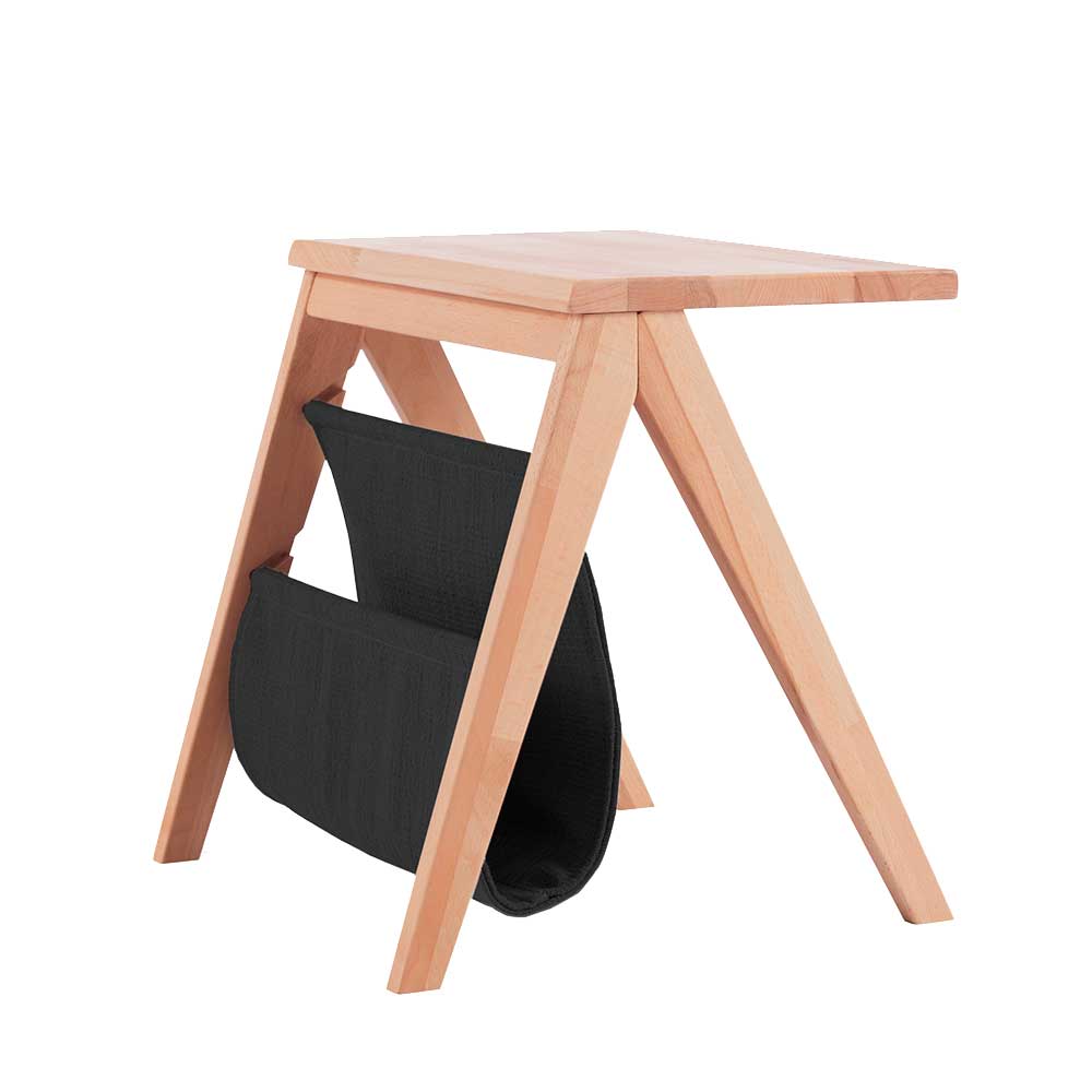 Stylischer Abstelltisch aus Kernbuche Massivholz mit schwarzem Stofffach für Zeitschriften und Bücher – Lazadro