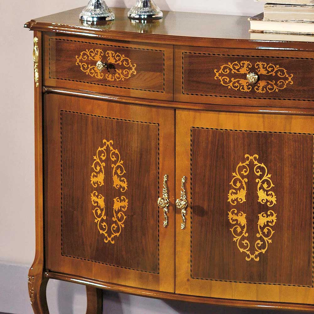 Barock Kommode mit zwei Schubladen und Türen, aufwendige Intarsien und goldene Griffe – Natale