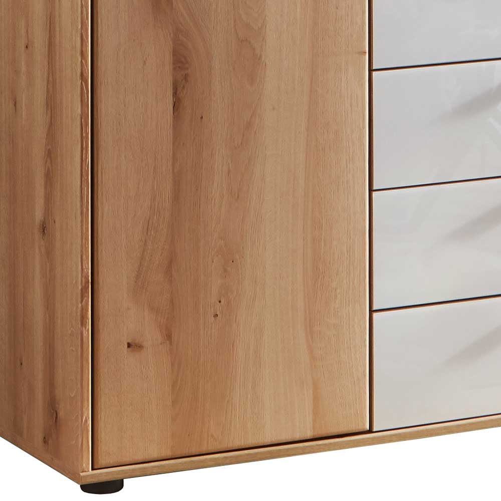 Kommode in Eiche Bianco mit weißer Hochglanz-Front und Holz-Tür für das Wohnzimmer – Crucav