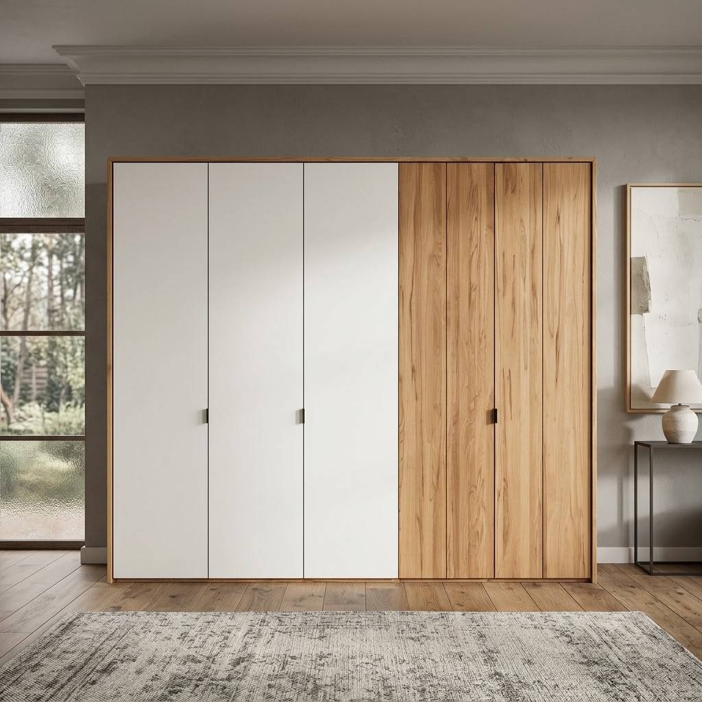 5-türiger Kleiderschrank aus Kernbuche & Weißglas - Izmaldon