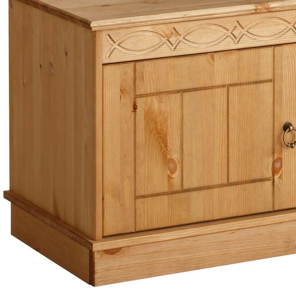 Kiefernholz TV-Lowboard mit Holztür und geschnitzter Zierleiste im Landhausstil – Goro