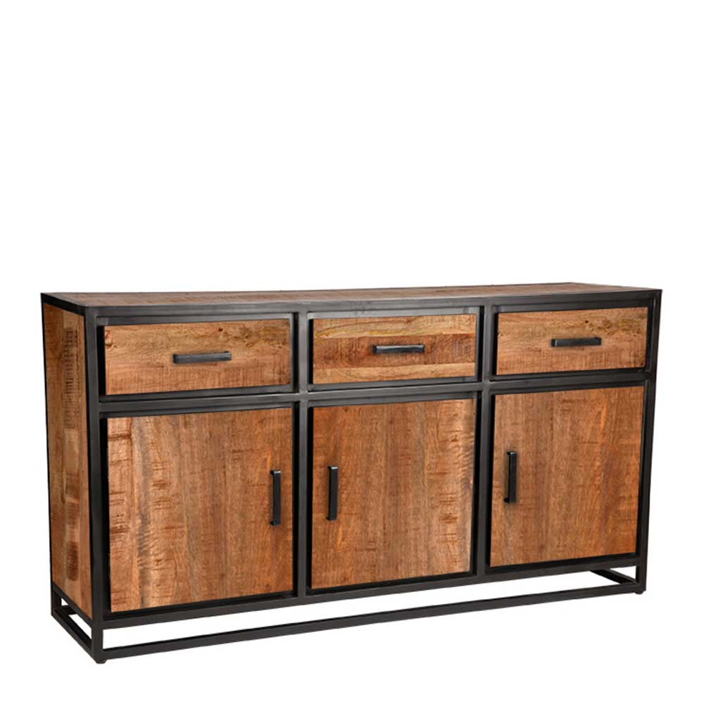 Komplettes Industrial Sideboard aus massivem Mangoholz mit drei Schubladen und drei geschlossenen Türen – Piatrasun