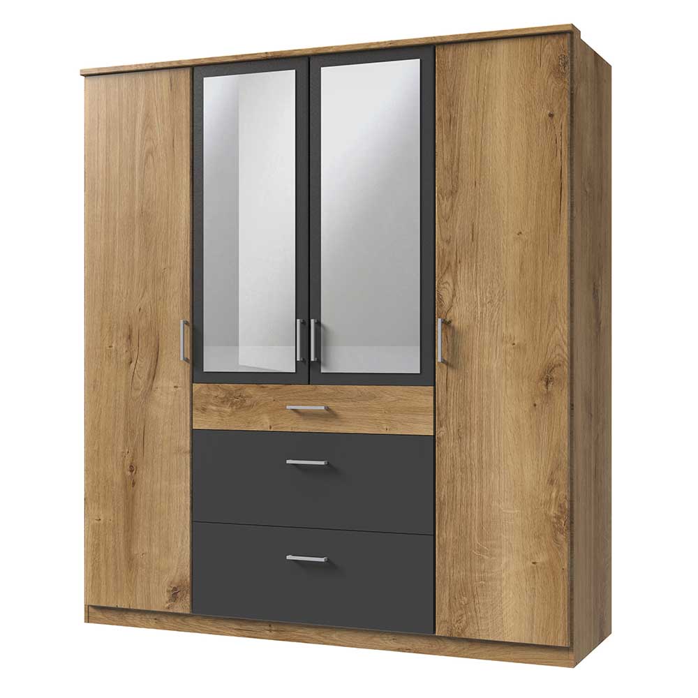 Geräumiger Kleiderschrank in Plankeneiche Holzoptik mit Spiegelfront und dunkelgrauen Elementen – Leviza
