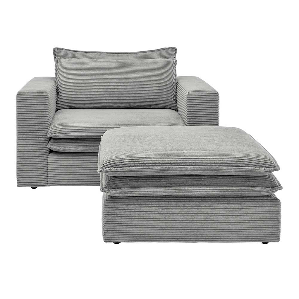 Grauer Cord Polstersessel mit passendem Hocker Set von vorne – Tessina