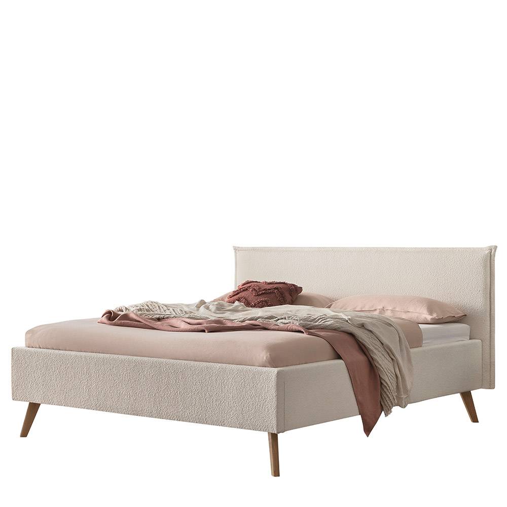 140x200 Doppelbett mit cremefarbenem Boucle Bezug und stabilen Holzfüßen – Leya