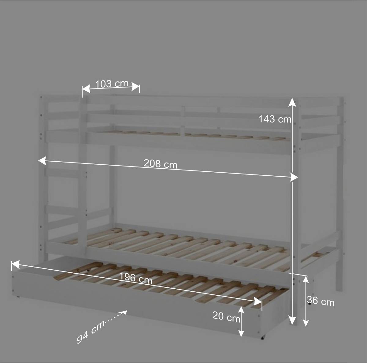 90x200 Kinder Etagenbett in Weiß - Carona