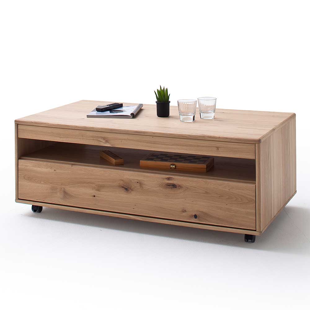 Massivholz Wohnzimmertisch Eiche Bianco mit Rollen, Ablagefach und geschlossener Schublade – Assela