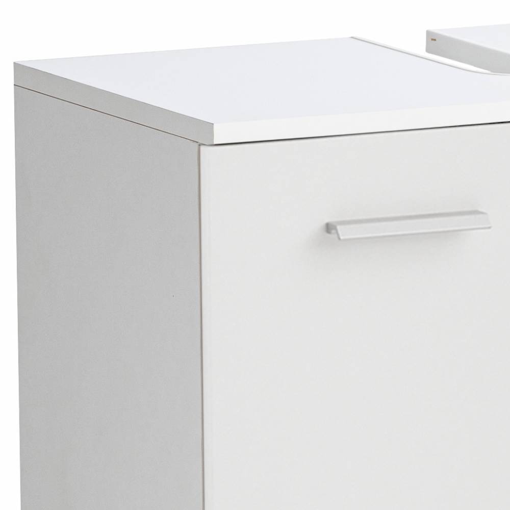 Weißer Waschbeckenunterschrank Detail mit silbernem Griff und Ablagefläche – Hectoss