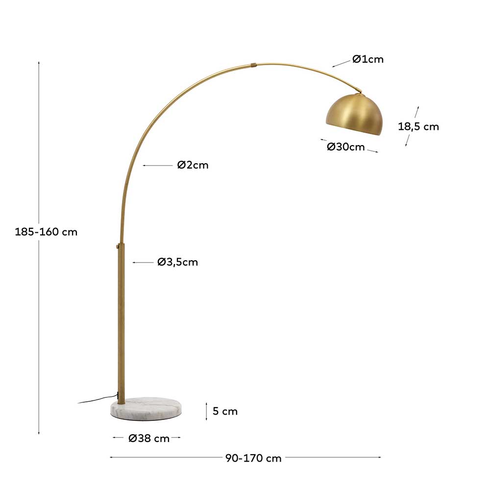 Bogenlampe aus Messing und Marmor mit allen Maßen und Abmessungen – Suomi