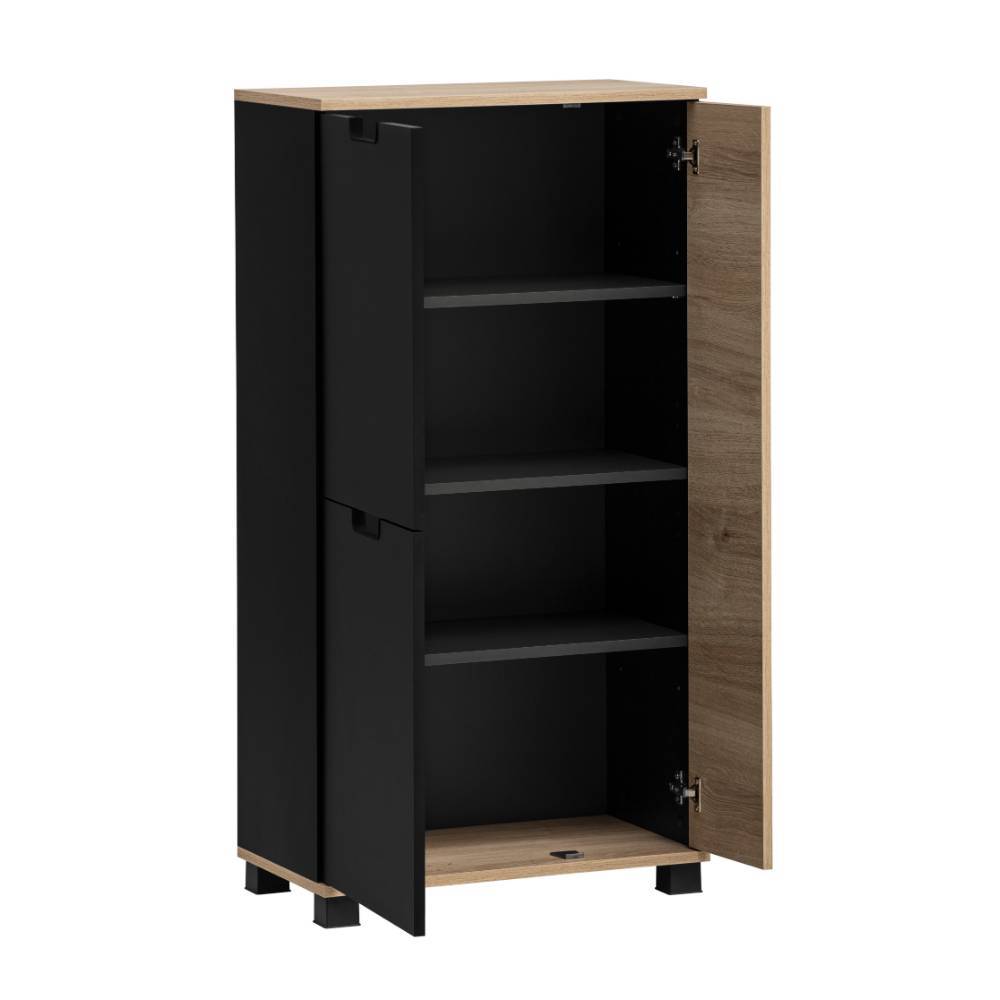 Badezimmer Highboard in Schwarz mit offener Tür, drei schwarzen Ablagefächern und Holzdetails – Segradon