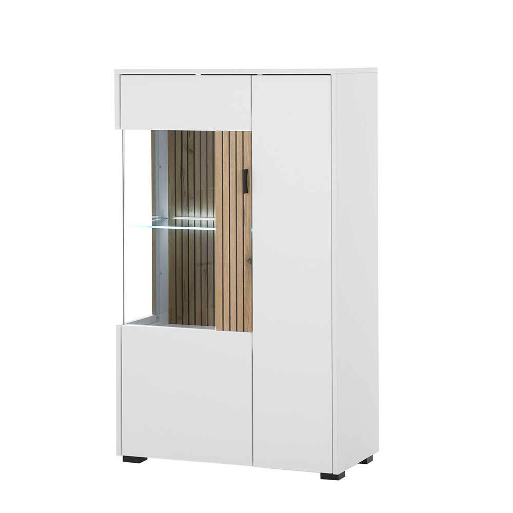 Modernes Highboard mit Vitrine in Weiß und Holzoptik für Wohn- oder Esszimmer – Nenaloro