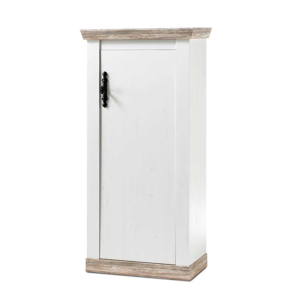Schmales Highboard 1-türig Nedita in Weiß & Pinie Shabby Dekor