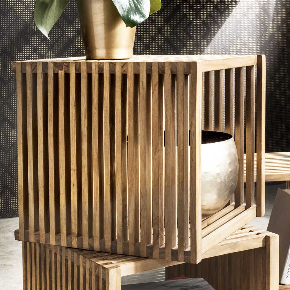 Design Würfelregal aus Teak massiv mit Lamellenstruktur als Beistelltisch oder Ablage – Ariean